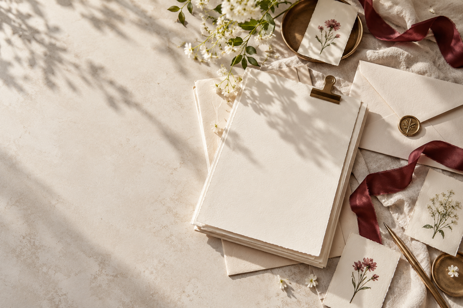 Conceptual still life of ivory paper, botanical cards and burgundy ribbon